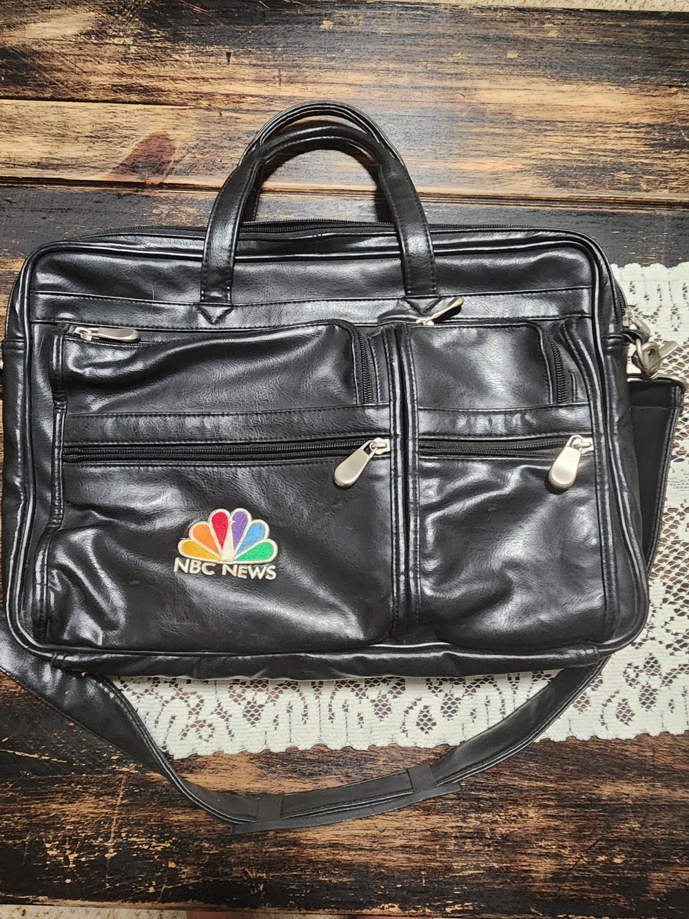 Vintage NBC News Employee Leather Briefcase Laptop Bag - EUC W/ Strap